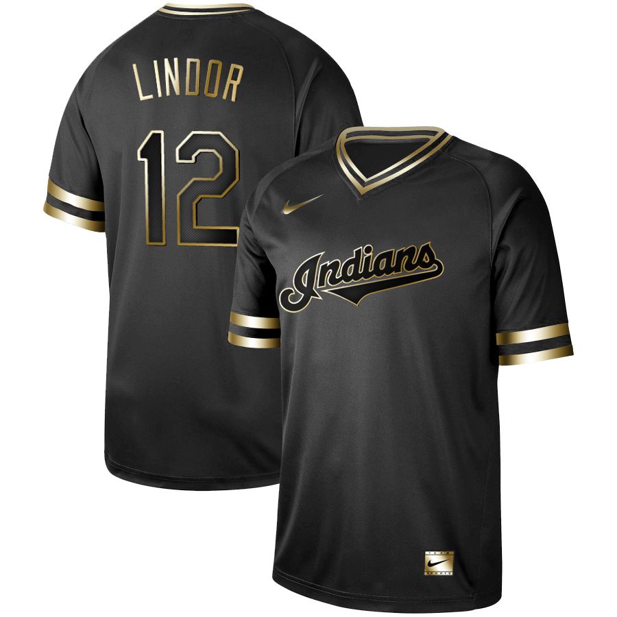 Men Cleveland Indians 12 Lindor Nike Black Gold MLB Jerseys